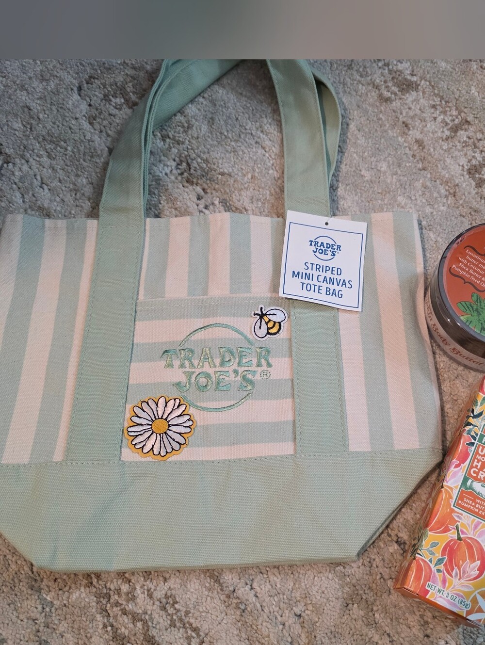 Trader Joe's Upcycle Mini Green Striped Tote Bag with Pumpkin Lotion Set